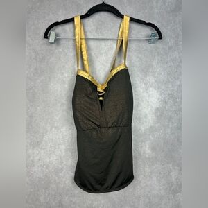 Baby Phat Black & Gold Metallic Sparkle Logo Print One Piece Swimsuit - Size 1X